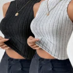 2pcs High Neck Ribbed Vest Set