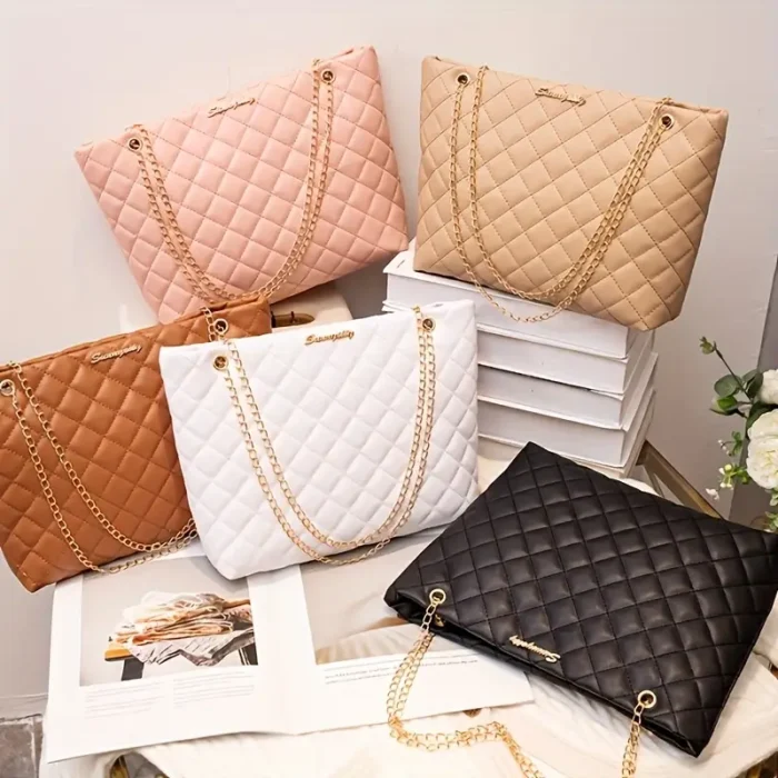1pc Quilted Synthetic Tote Bag with Golden-Tone Chain Strap - Image 1