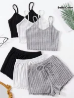 Women's Home Solid Color Black and White Gray Thong Shorts 6pcs Set - Image 2