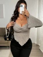 Plus Size Women'S Elegant Twist Knot Detail Long Sleeve Top - Image 3