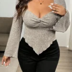 Plus Size Women'S Elegant Twist Knot Detail Long Sleeve Top
