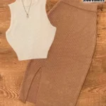 Women's Apricot Ribbed Sleeveless Turtleneck Top & Brown 2pcs set