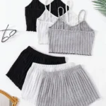 Women's Home Solid Color Black and White Gray Thong Shorts 6pcs Set