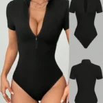 Women's Y2K Slim Fit Short Sleeve Zip-Up Bodysuit