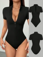 Women's Y2K Slim Fit Short Sleeve Zip-Up Bodysuit