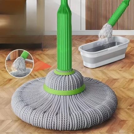 Hands-Free Mop with Green Handle & White Bucket